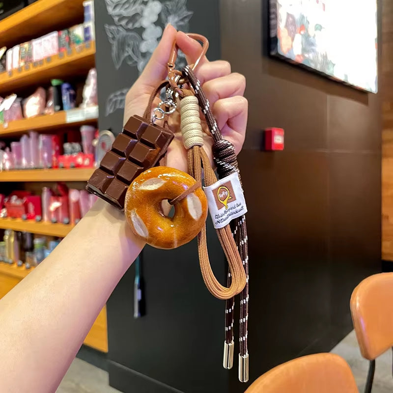 Creative Bowknot Woven Rope Keychain Chocolate Bagel Bread Keychain Polyester Anti-Lost Bag Decoration Woven